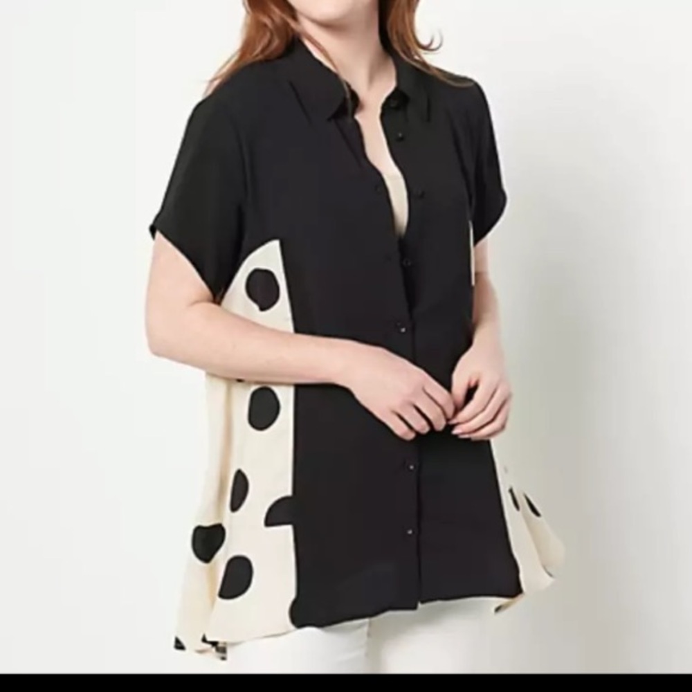 Truth + Style shirt blouse black and off white polka dot mixed media Medium